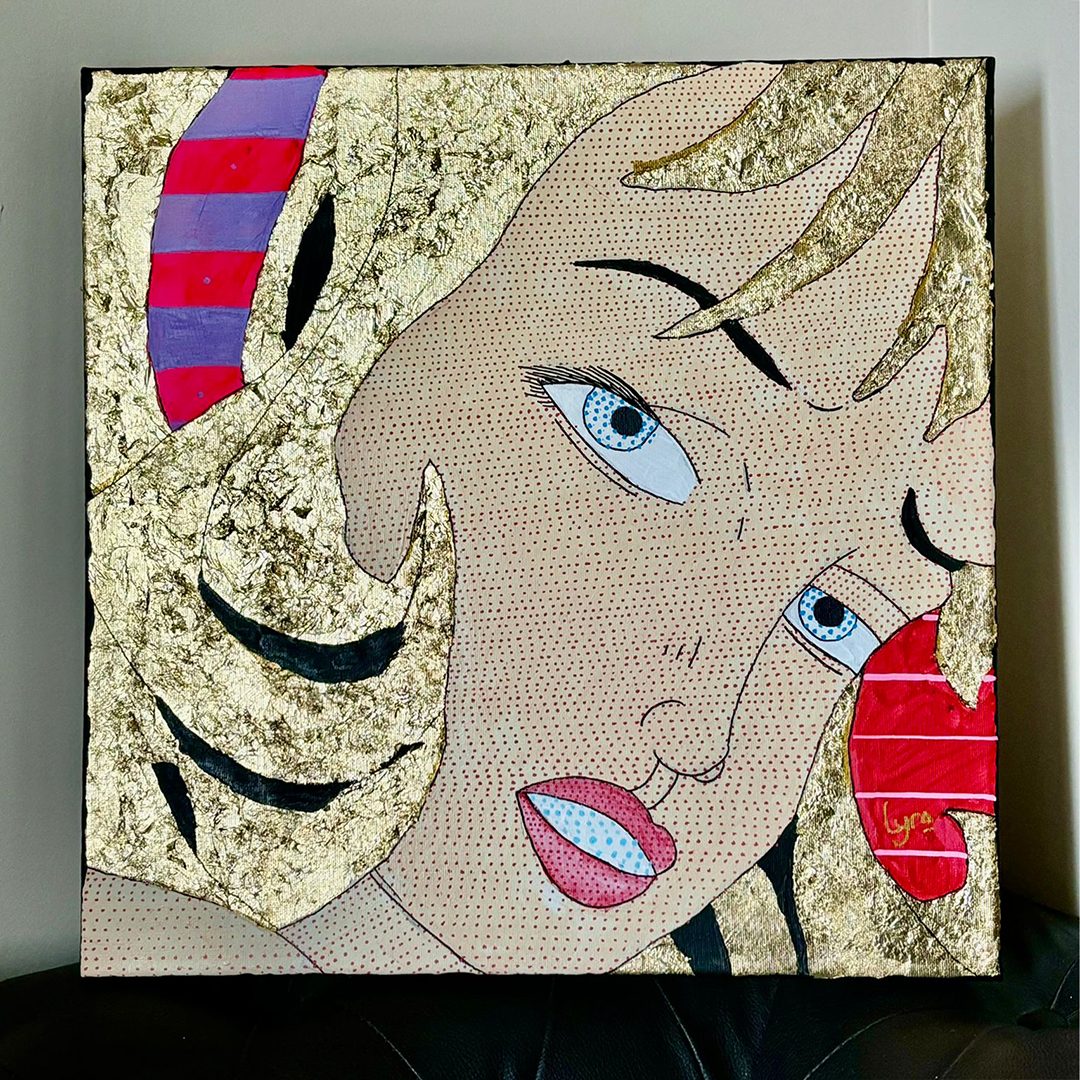 Représentation d'un figure classique du Pop Art retravaillé avec de la feuille d'or par Thomas Lyra artiste