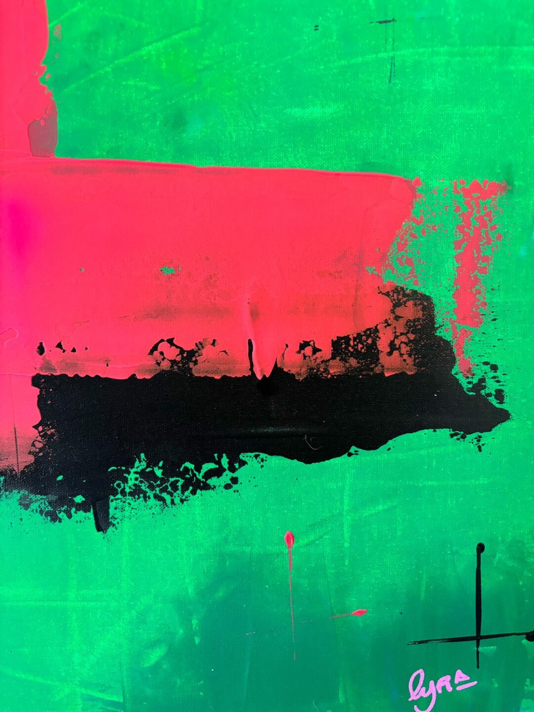 Korosa est un tableau abstrait vert et rose fluo de Thomas Lyra Artiste de Narbonne